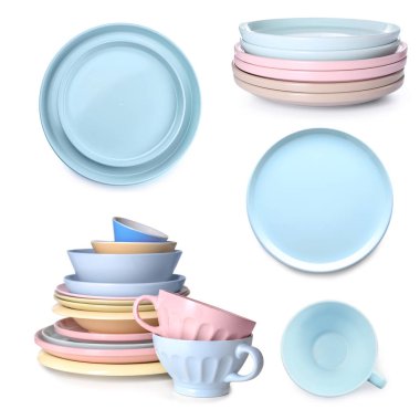 Beyaz arka plan üzerinde farklı seramik sofra