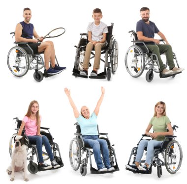 Different people in wheelchair on white background clipart