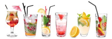 Beyaz arka plan üzerinde farklı lezzetli limonata kümesi