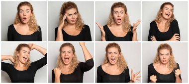 Işık arka plan üzerinde farklı duygularla güzel genç kadın