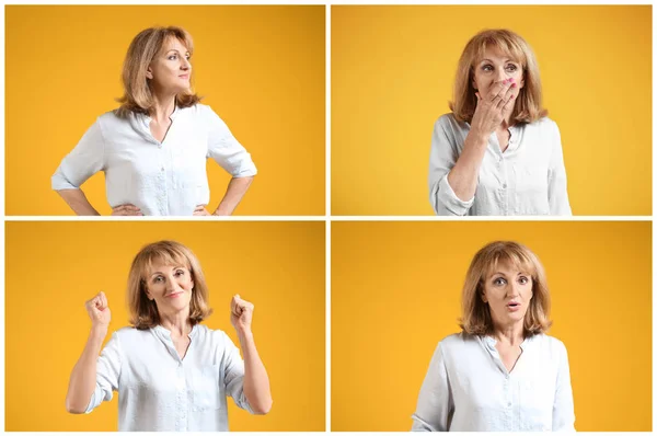 Mooie Rijpe Vrouw Met Verschillende Emoties Gele Achtergrond — Stockfoto