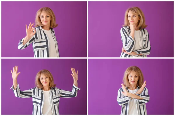 Hermosa Mujer Madura Con Diferentes Emociones Sobre Fondo Púrpura — Foto de Stock