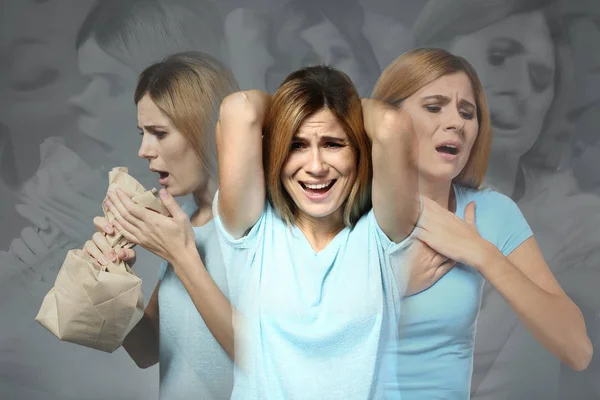 Woman Having Panic Attack Grey Background — Stock Photo, Image