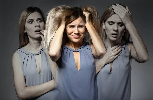 Woman Having Panic Attack Grey Background — Stock Photo, Image