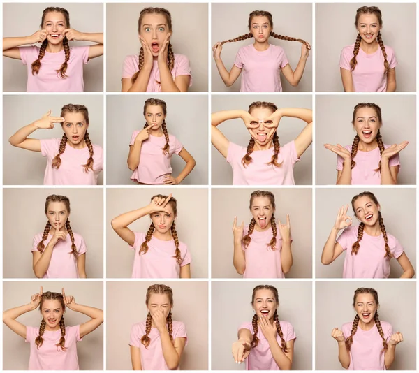 Beautiful Young Woman Different Emotions Light Background — Stock Photo, Image