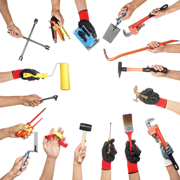 Männerhände Mit Verschiedenen Reparaturwerkzeugen Auf Weißem Hintergrund — Stockfoto