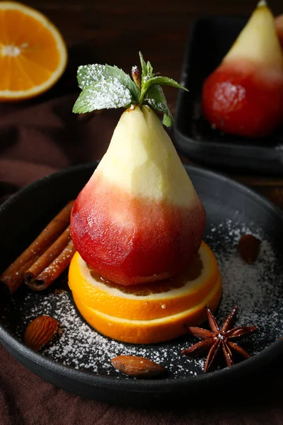 Delicious Poached Pear Red Wine Orange Slices Spices Pan — Stock Photo, Image