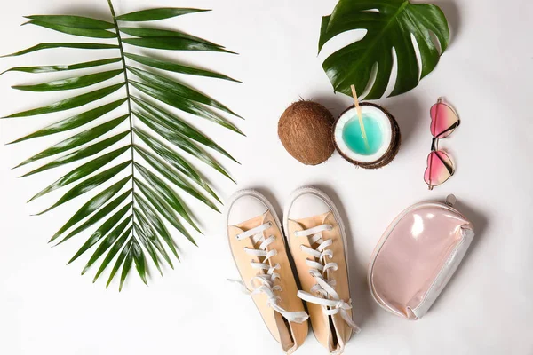 Stylish Female Accessories Cocktail Tropical Leaves White Background — Stock Photo, Image