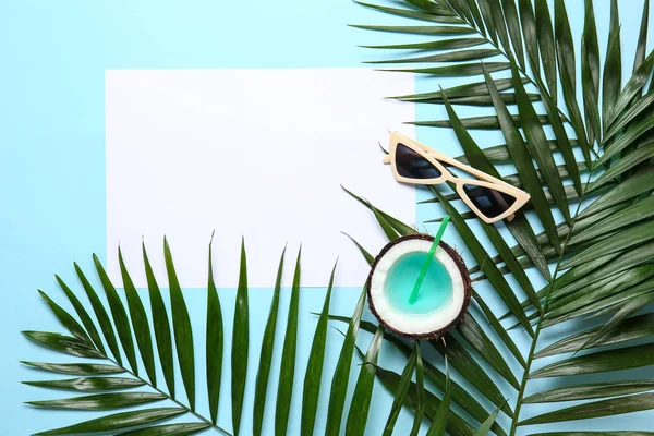 Summer Composition Tropical Leaves Blank Paper Coconut Cocktail Sunglasses Color — Stock Photo, Image