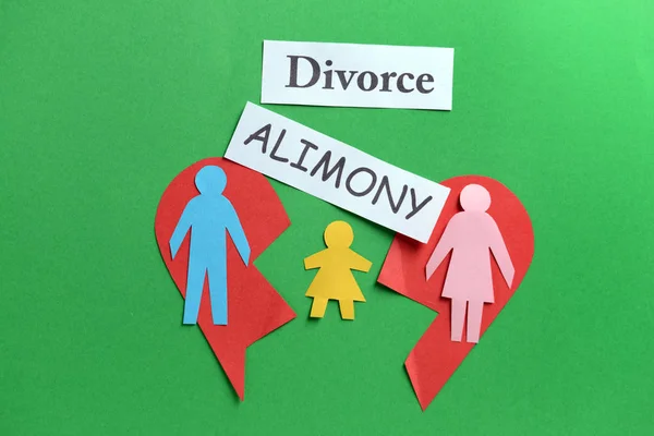 Words Alimony Divorce Paper Figures Family Broken Heart Color Background — Stock Photo, Image