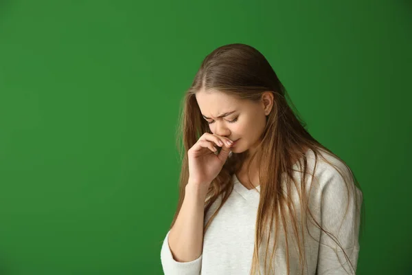 Sad Young Woman Color Background — Stock Photo, Image