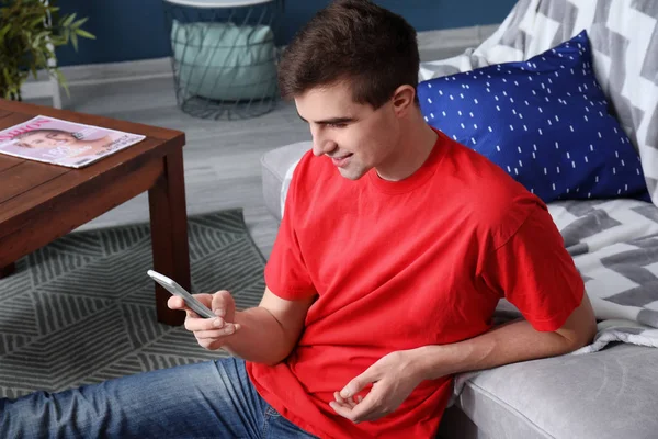 Handsome Young Man Mobile Phone Home — Stock Photo, Image