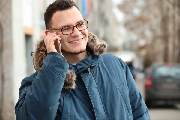 Handsome Young Man Talking Mobile Phone Outdoors — Stock Photo, Image
