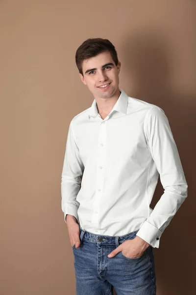 Portrait Handsome Young Man Color Background — Stock Photo, Image