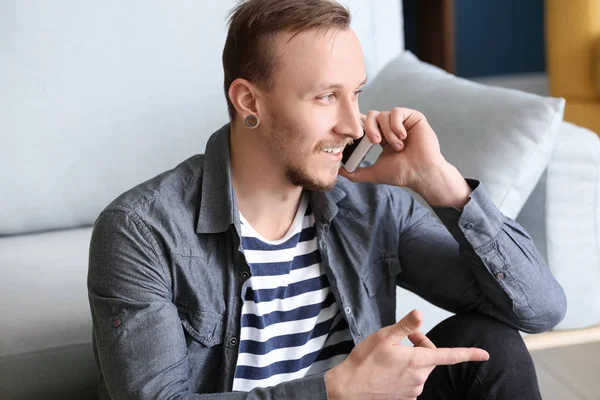 Handsome Young Man Talking Mobile Phone Home — Stock Photo, Image