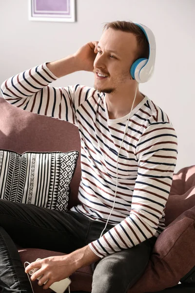 Handsome Young Man Listening Music Home — Stock Photo, Image