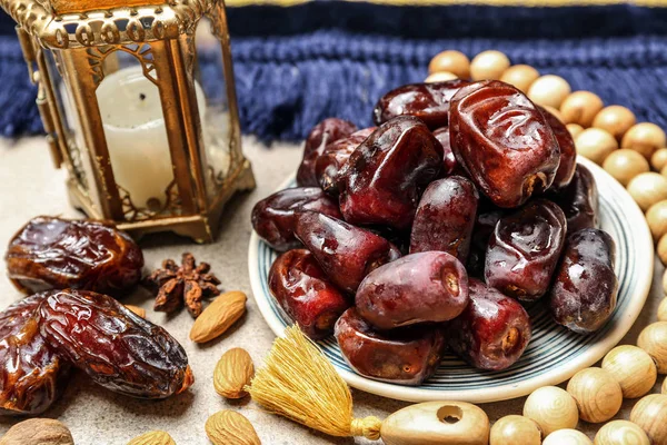 Composition Tasty Dates Muslim Lamp Table — Stock Photo, Image