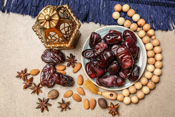 Composition Tasty Dates Muslim Lamp Table — Stock Photo, Image