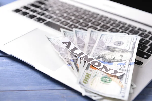 Laptop, money and paper with text ALIMONY on wooden table, closeup