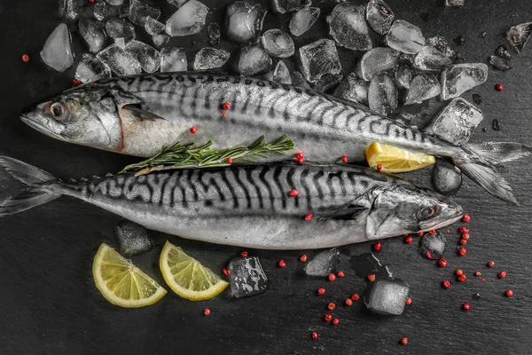 Tasty Raw Mackerel Fish Ice Spices Dark Background — Stock Photo, Image
