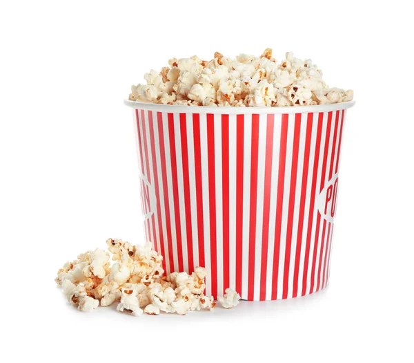 Papier Beker Van Lekkere Popcorn Witte Achtergrond — Stockfoto