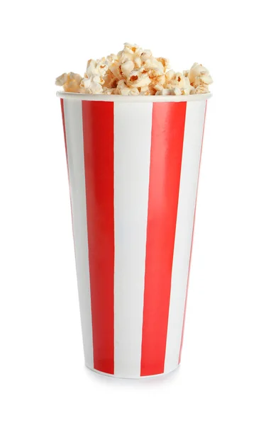 Papier Beker Van Lekkere Popcorn Witte Achtergrond — Stockfoto