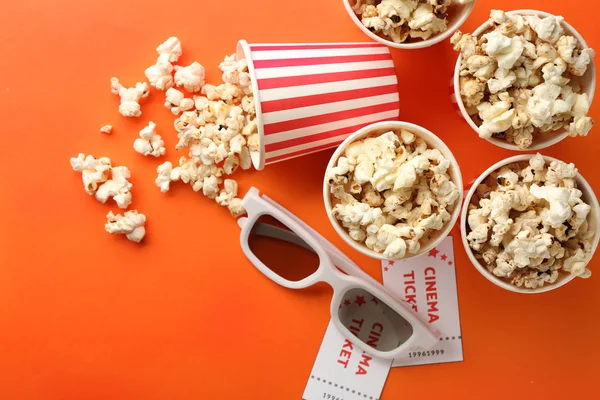 Paper Cups Tasty Popcorn Tickets Cinema Glasses Color Background — Stock Photo, Image