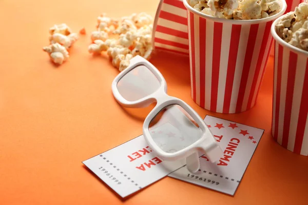 Paper Cups Tasty Popcorn Tickets Cinema Glasses Color Background — Stock Photo, Image