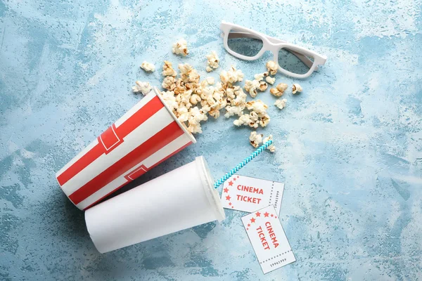 Overturned Paper Cup Tasty Popcorn Drink Tickets Cinema Glasses Color — Stock Photo, Image