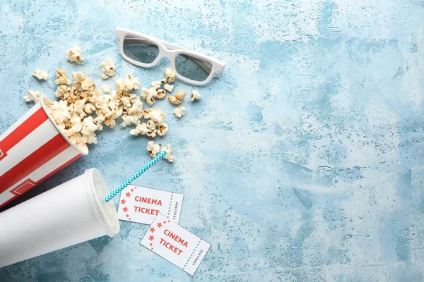 Overturned Paper Cup Tasty Popcorn Drink Tickets Cinema Glasses Color — Stock Photo, Image