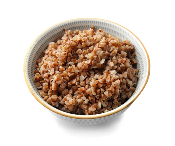 Bowl Tasty Boiled Buckwheat White Background — Stock Photo, Image