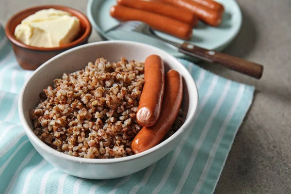 Bowl Tasty Boiled Buckwheat Sausages Table — Stock Photo, Image