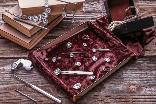 Beautiful Jewelry Precious Stones Tools Wooden Table — Stock Photo, Image