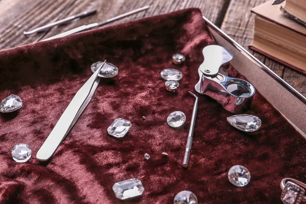 Box Precious Stones Jeweler Tools Table — Stock Photo, Image