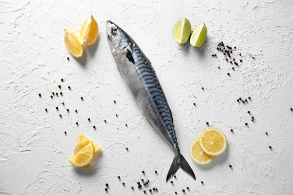 Composition Raw Mackerel Fish Lemon Spices White Table — Stock Photo, Image