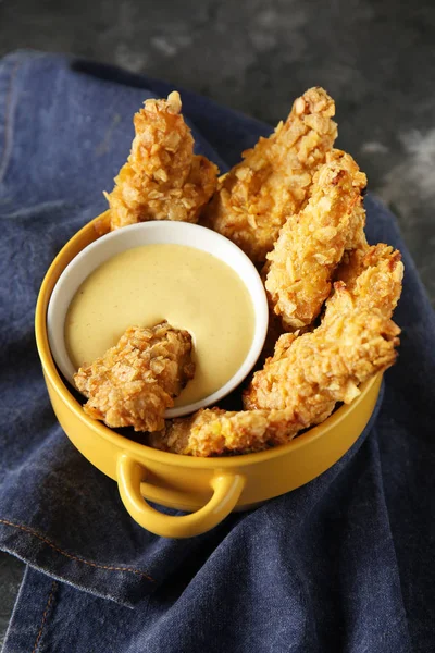 Pot Tasty Nuggets Cheese Sauce Grey Table — Stock Photo, Image