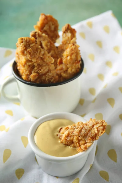 Mug Tasty Nuggets Cheese Sauce Table — Stock Photo, Image