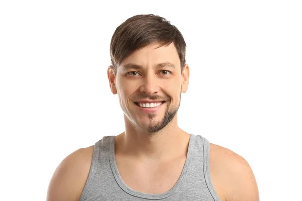 Hombre Guapo Con Mitad Cara Afeitada Sobre Fondo Blanco — Foto de Stock