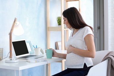 Masada dizüstü bilgisayar kullanan güzel hamile kadın