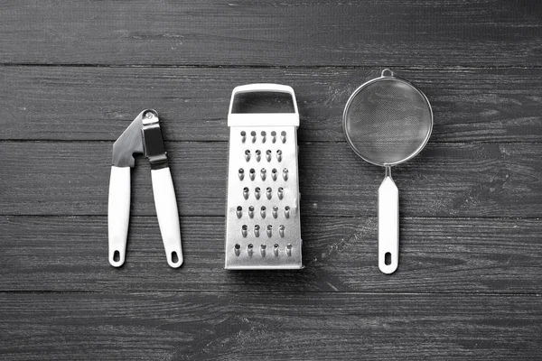 Stainless Steel Kitchen Utensils Wooden Table — Stock Photo, Image