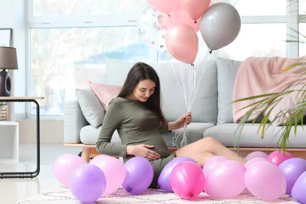 Beautiful Pregnant Woman Air Balloons Home — Stock Photo, Image