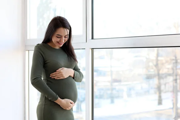 Beautiful Pregnant Woman Window Home — Stock Photo, Image
