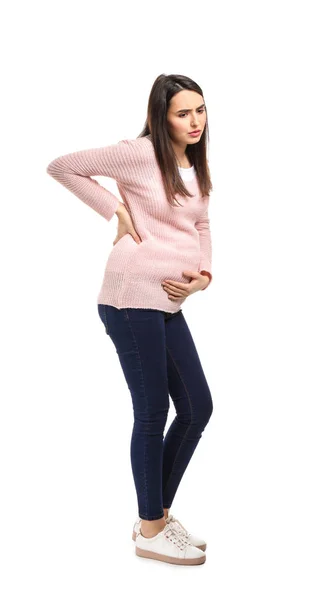 Έγκυος Γυναίκα Που Πάσχουν Από Τον Πόνο Λευκό Φόντο — Φωτογραφία Αρχείου