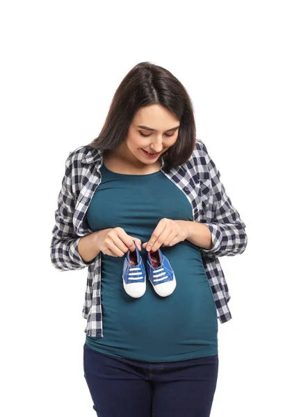 Portrait Beautiful Pregnant Woman Baby Booties White Background — Stock Photo, Image