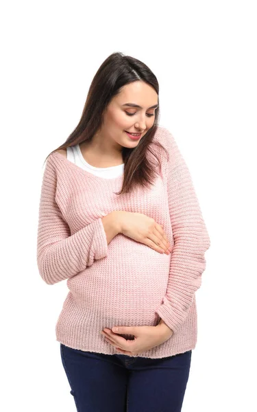 Retrato Mujer Embarazada Hermosa Sobre Fondo Blanco — Foto de Stock