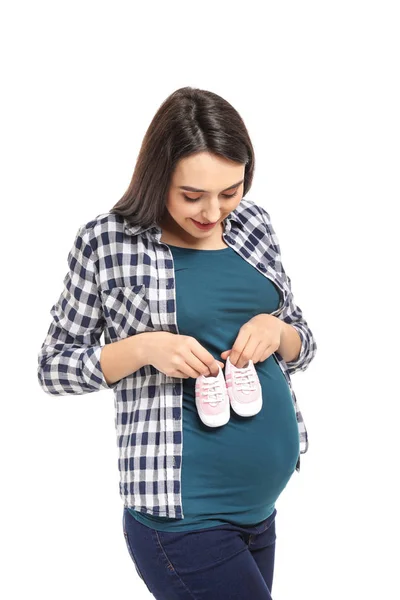 Portrait Belle Femme Enceinte Avec Des Chaussons Bébé Sur Fond — Photo