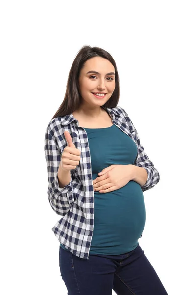 Krásná Těhotná Žena Ukazuje Gesto Palce Bílém Pozadí — Stock fotografie