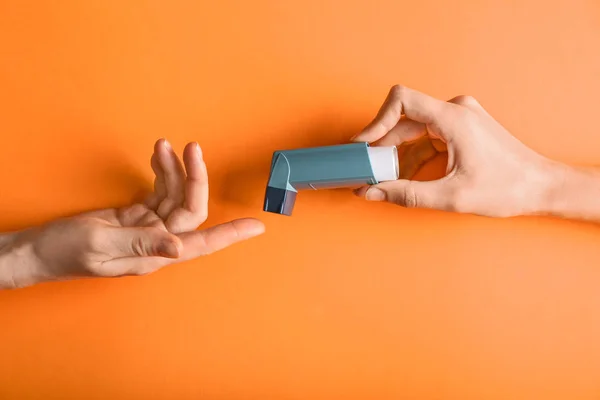 Female Hands Inhaler Asthma Color Background — Stock Photo, Image