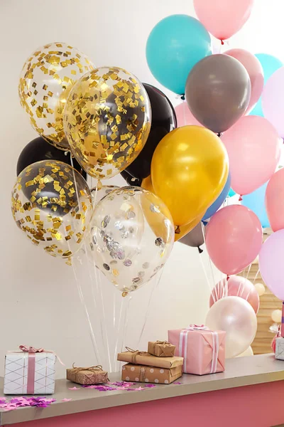 Room with reception desk decorated for Birthday party