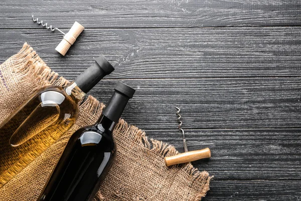 Bottles Tasty Wine Wooden Table — Stock Photo, Image